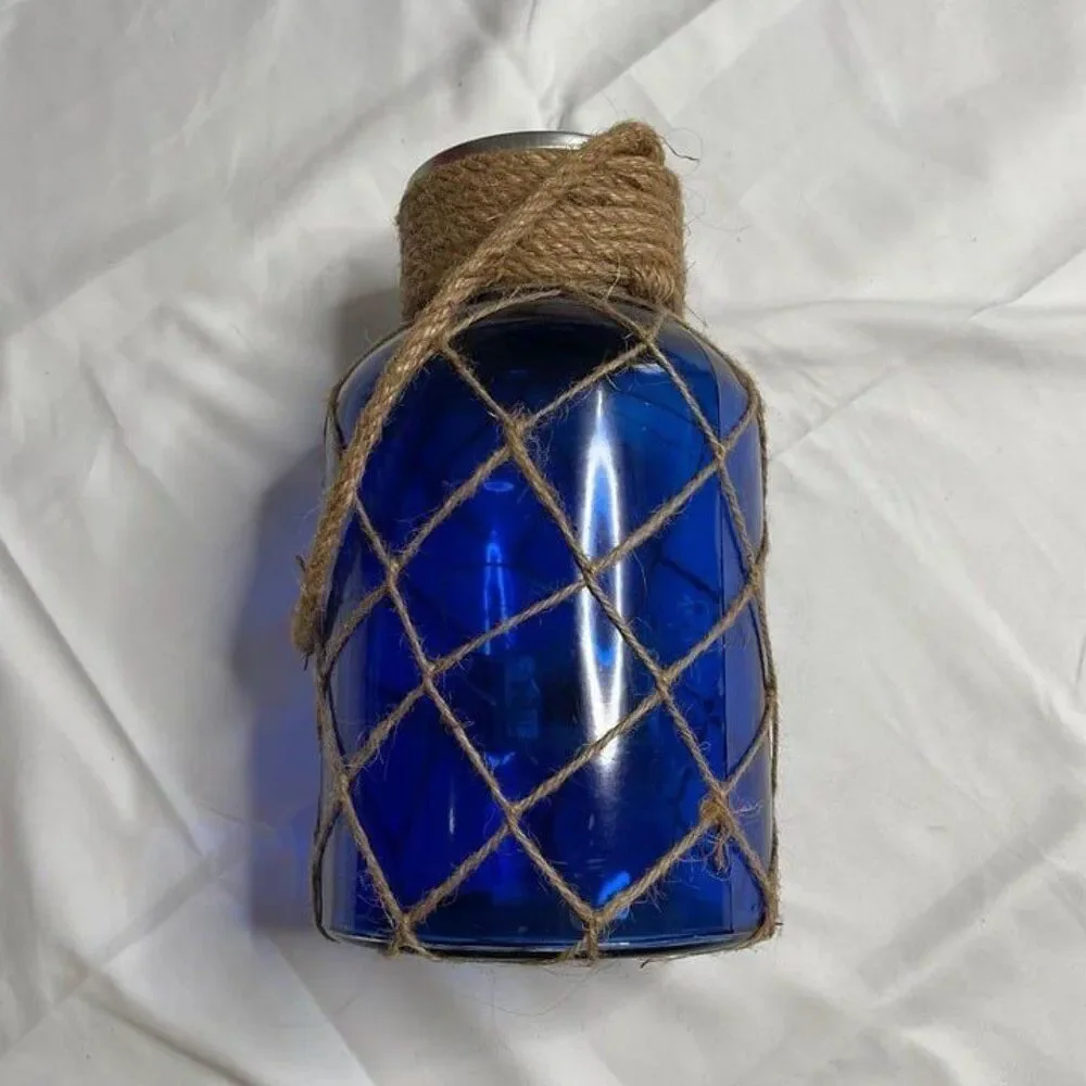 LED Blue Glass Jar Vase with Twine Night Light Decor